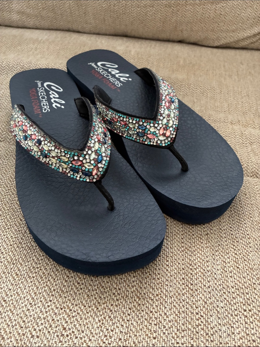 Cali from Skechers Black Wedge Flip Flops with Multi-Color Jeweled Straps